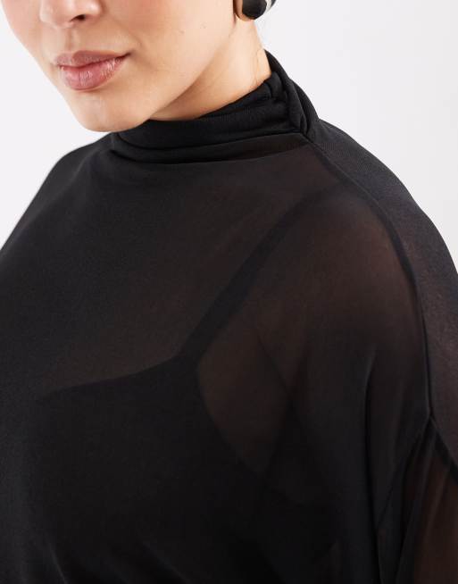ASOS DESIGN Curve sheer batwing high neck ruched sleeve top in black, 3 of 4