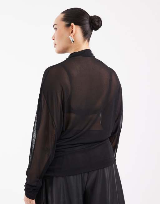 ASOS DESIGN Curve sheer batwing high neck ruched sleeve top in black, 4 of 4