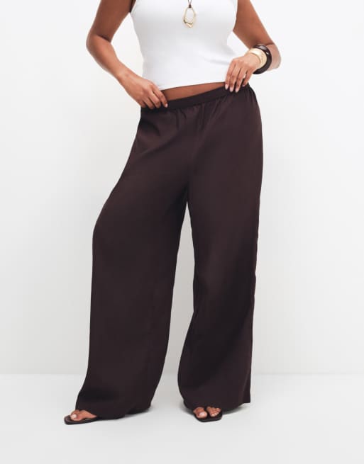 ASOS DESIGN Curve sheer beach wide leg pants with linen in chocolate, 3 of 9