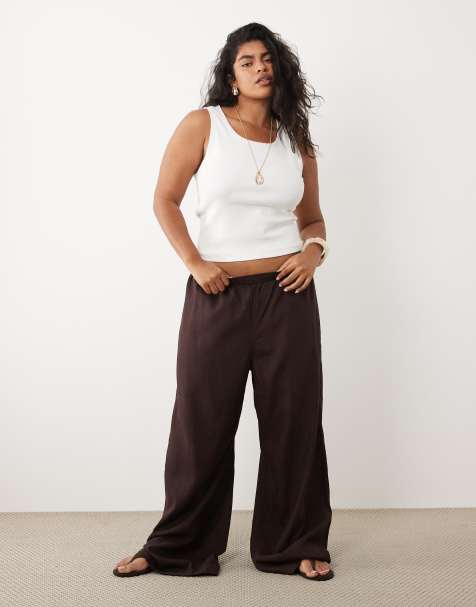 ASOS DESIGN Curve sheer beach wide leg trousers with linen in chocolate