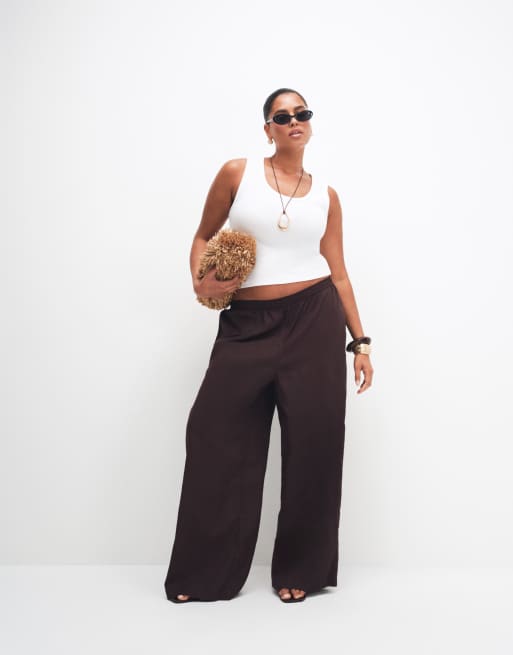 ASOS DESIGN Curve sheer beach wide leg trousers with linen in chocolate, 2 of 9