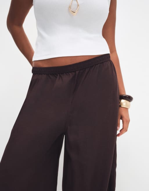 ASOS DESIGN Curve sheer beach wide leg trousers with linen in chocolate, 4 of 9