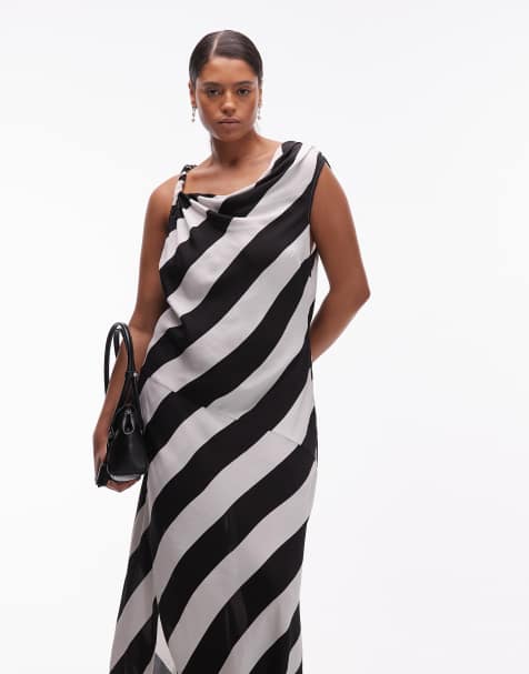 ASOS DESIGN Curve sheer cowl neck midi dress in black and white stripe - view 1