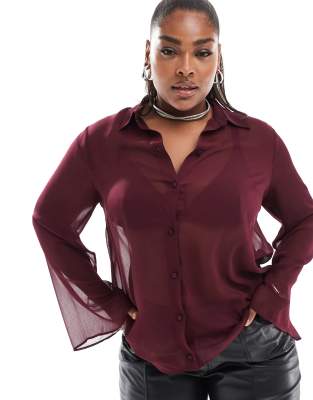 ASOS DESIGN Curve sheer crinkle shirt in burgundy-White