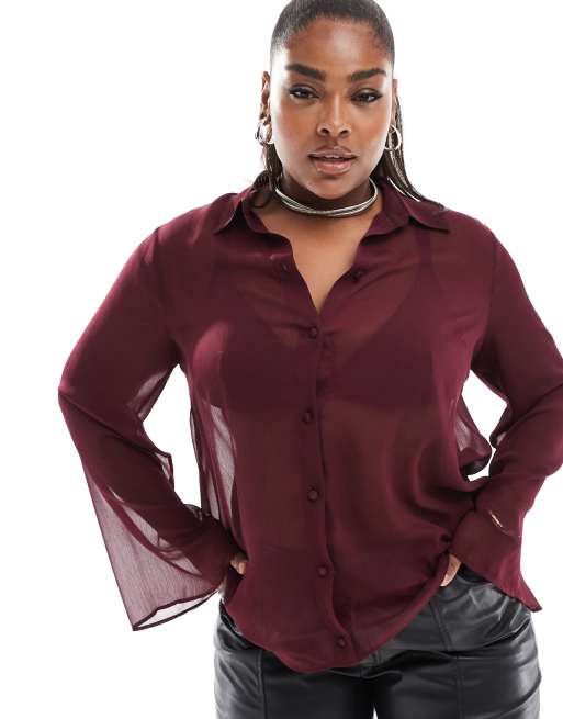 Burgundy sheer blouse on sale