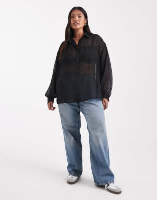 Asos Curve Asos Design Curve Sheer Dobby Detail Shirt In Black