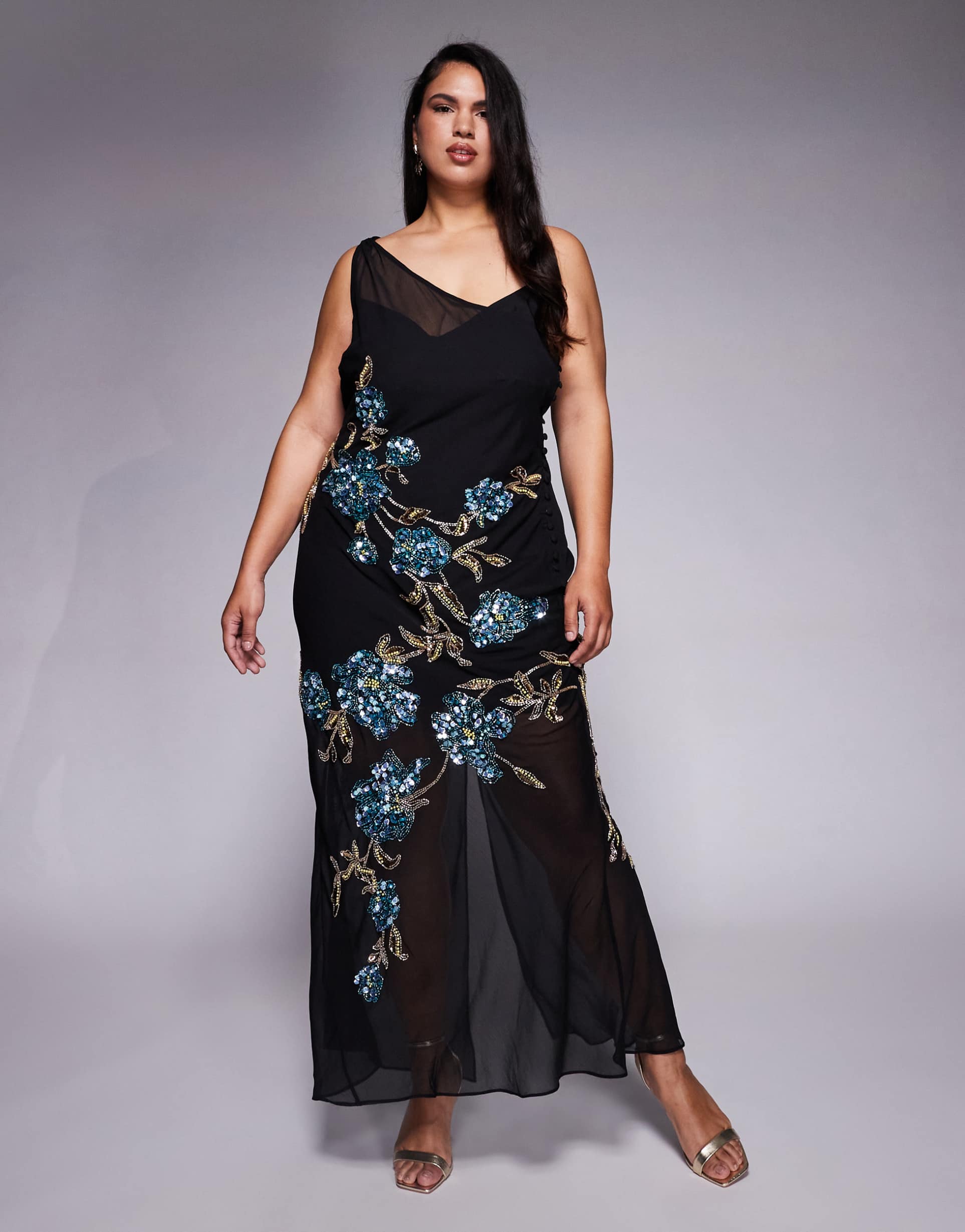 asos design curve sheer embellished maxi dress with trailing floral motif in black