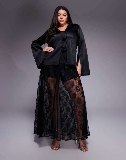 ASOS DESIGN Curve sheer godet lace-mix maxi skirt in black, 2 of 5