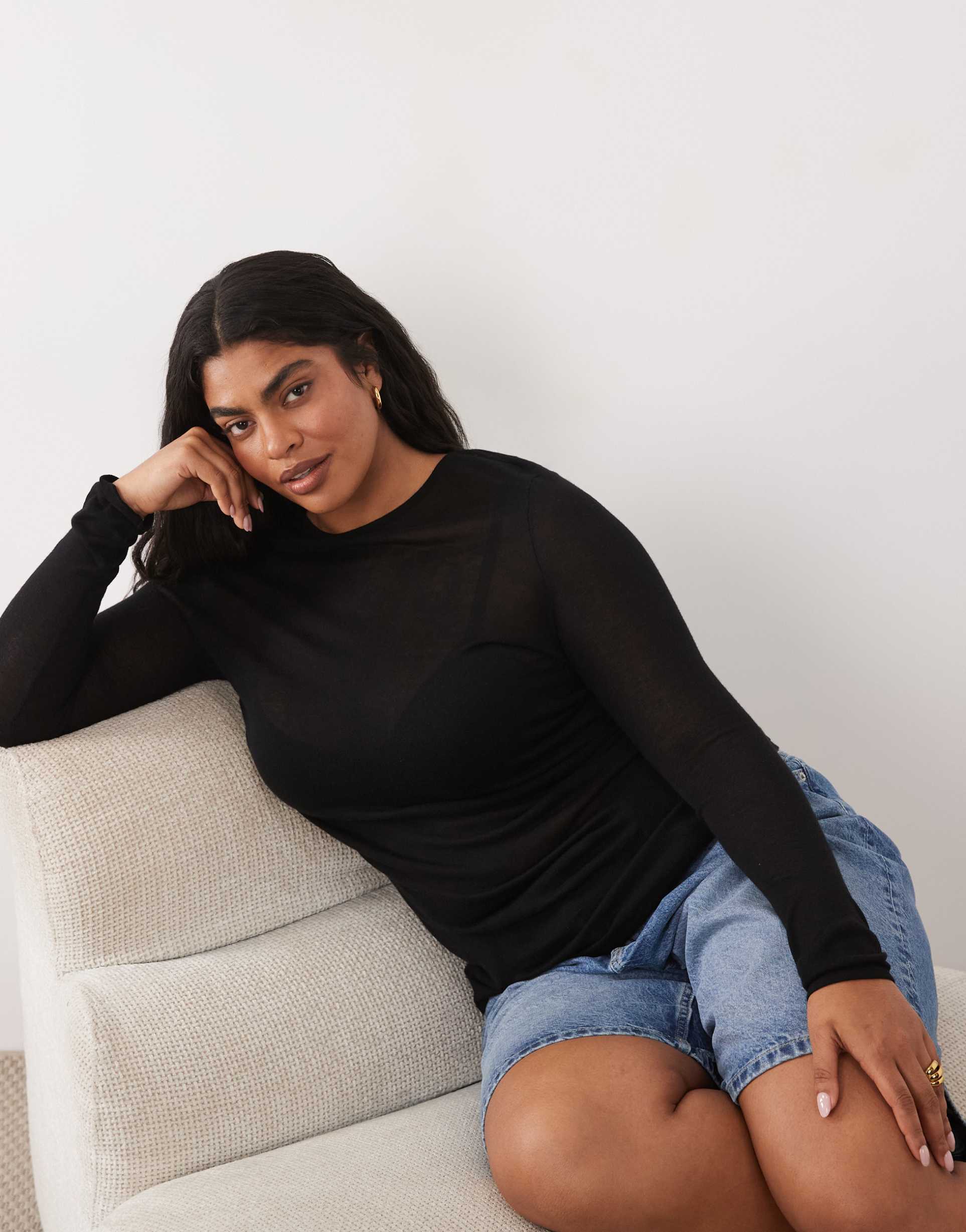 asos design curve sheer knit soft touch ruched side top in black