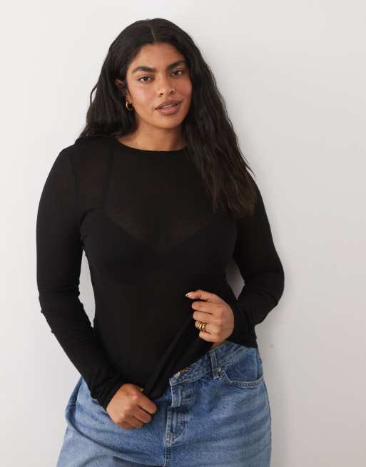 ASOS DESIGN Curve sheer knit soft touch ruched side top in black, 2 of 4