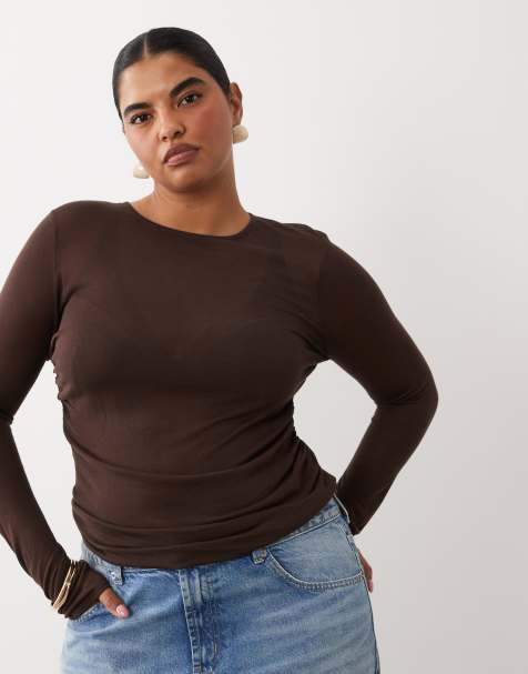 ASOS DESIGN Curve sheer knit soft touch ruched side top in chocolate - view 1