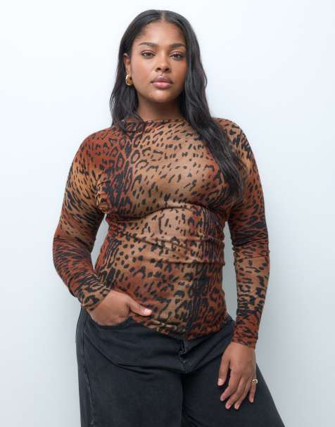 ASOS DESIGN Curve sheer knitted soft touch ruched side top in dark leopard - view 1