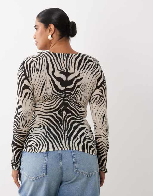 ASOS DESIGN Curve sheer knitted soft touch ruched side top in zebra, 4 of 4