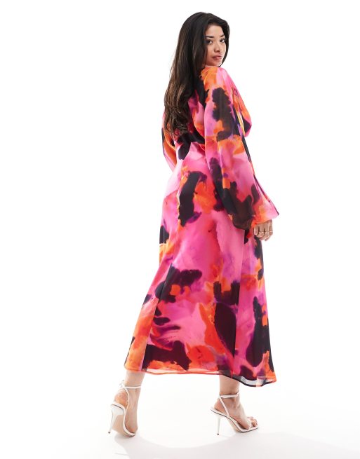 ASOS DESIGN Curve sheer knot front midi dress in abstract pink print