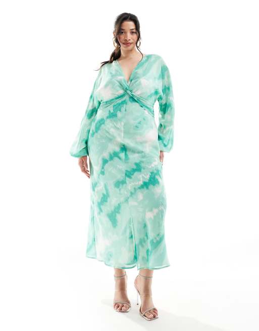 FhyzicsShops DESIGN Curve sheer knot front midi dress in green tie-dye print