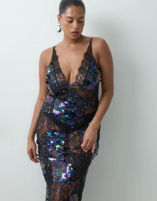 ASOS DESIGN Curve sheer lace cami maxi dress with placement embellishment in black, 3 of 5