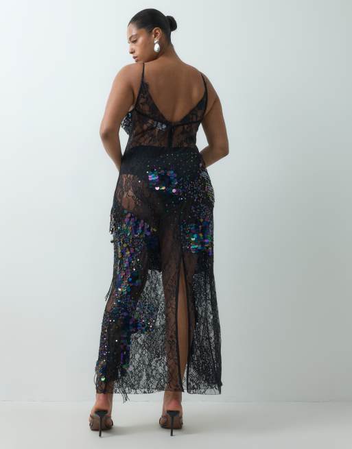 ASOS DESIGN Curve sheer lace cami maxi dress with placement embellishment in black, 5 of 5