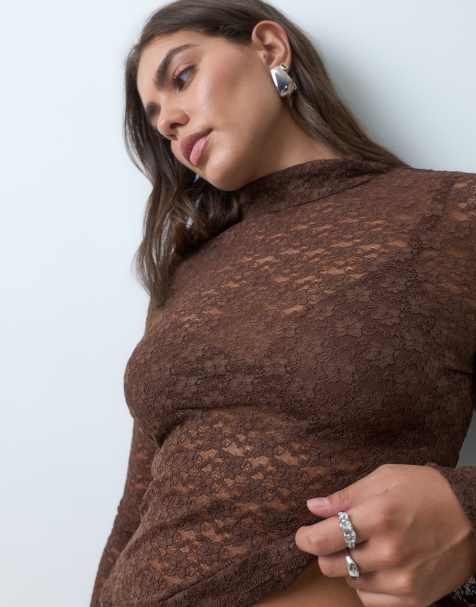 ASOS DESIGN Curve sheer lace high neck long sleeve top in chocolate - view 1