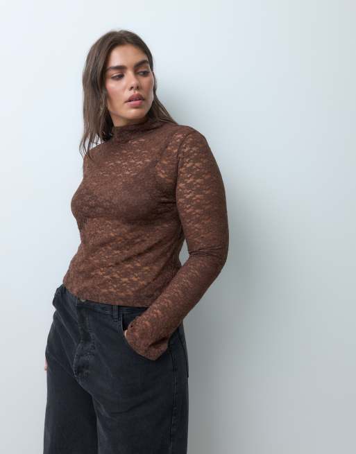 ASOS DESIGN Curve sheer lace high neck long sleeve top in chocolate, 2 of 5