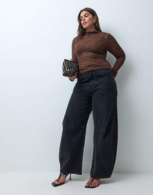 ASOS DESIGN Curve sheer lace high neck long sleeve top in chocolate, 3 of 5