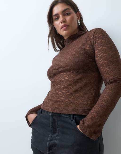 ASOS DESIGN Curve sheer lace high neck long sleeve top in chocolate, 4 of 5