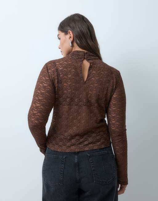 ASOS DESIGN Curve sheer lace high neck long sleeve top in chocolate, 5 of 5
