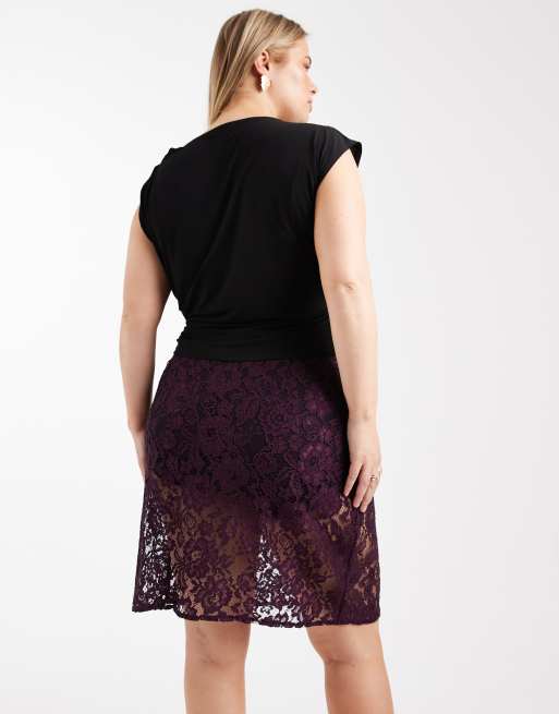 ASOS DESIGN Curve sheer lace knee length skirt in plum, 4 of 5