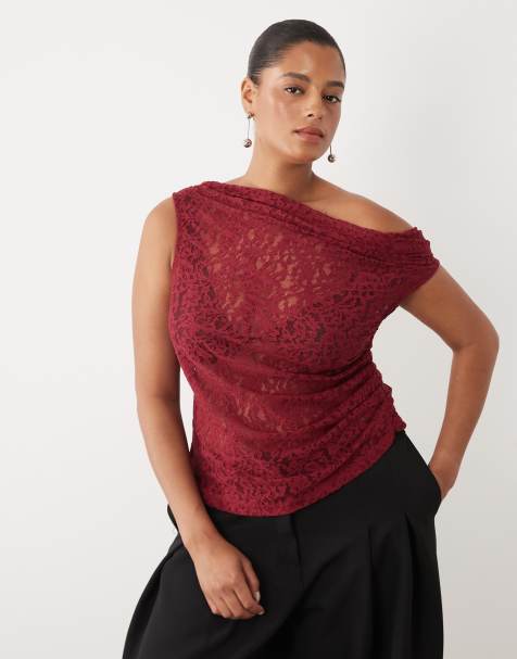 ASOS DESIGN Curve sheer lace ruched asym top in dark red - view 1