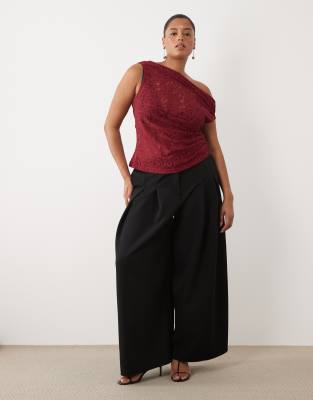 ASOS DESIGN Curve sheer lace ruched asymmetric top in dark red | ASOS