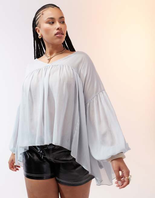 ASOS DESIGN Curve sheer long sleeve godet blouse with balloon sleeve in blue