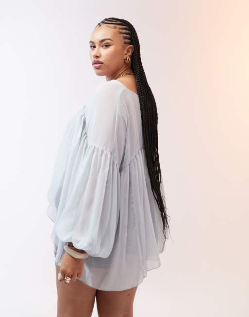 ASOS DESIGN Curve sheer long sleeve godet blouse with balloon sleeve in blue, 2 of 4