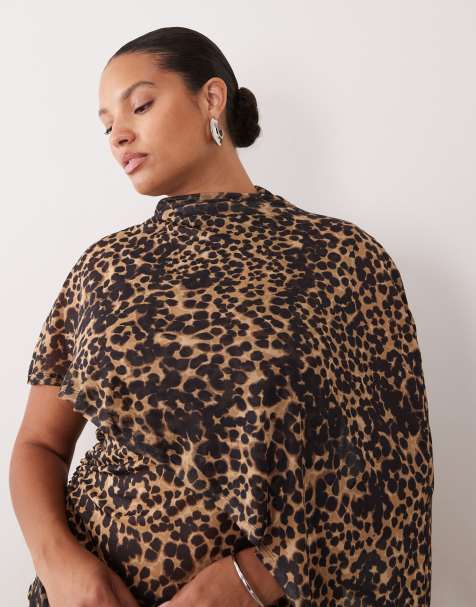 ASOS DESIGN Curve sheer mesh asymmetric cape shoulder top in animal print - view 1
