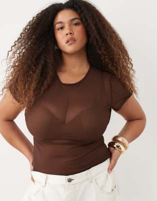 Asos Curve Asos Design Curve Sheer Mesh Baby Tee In Brown