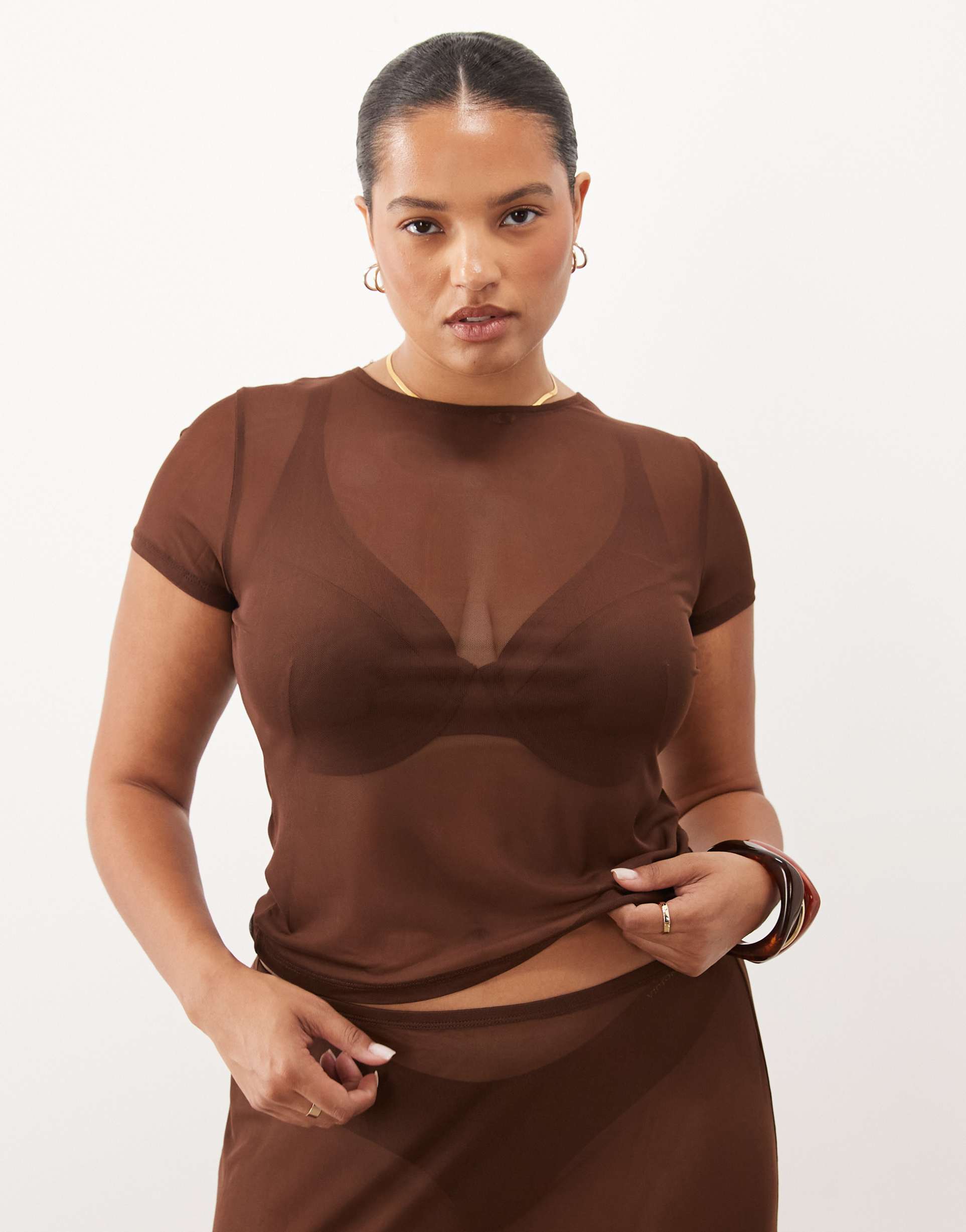 asos design curve sheer mesh baby tee in chocolate