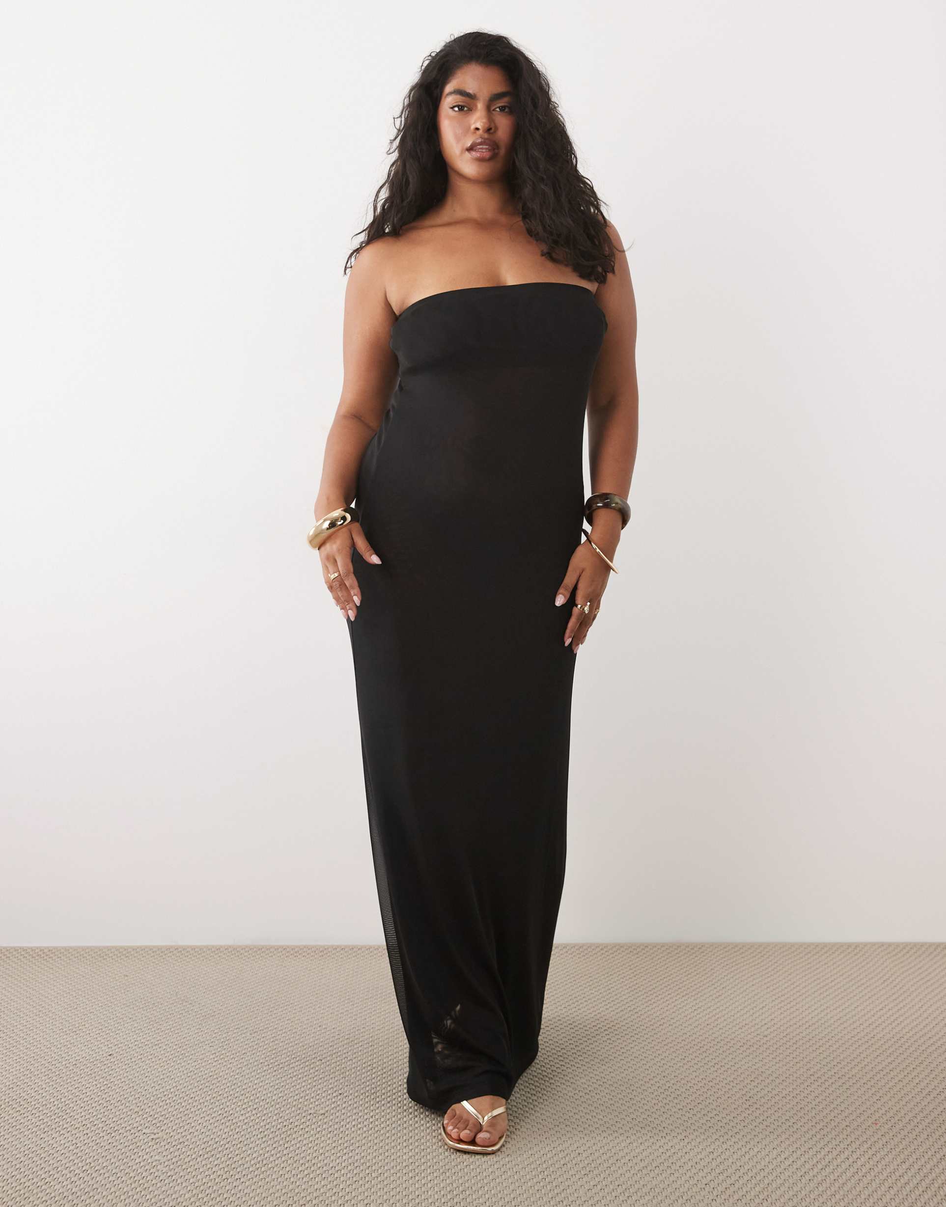 asos design curve sheer mesh bandeau maxi dress in black