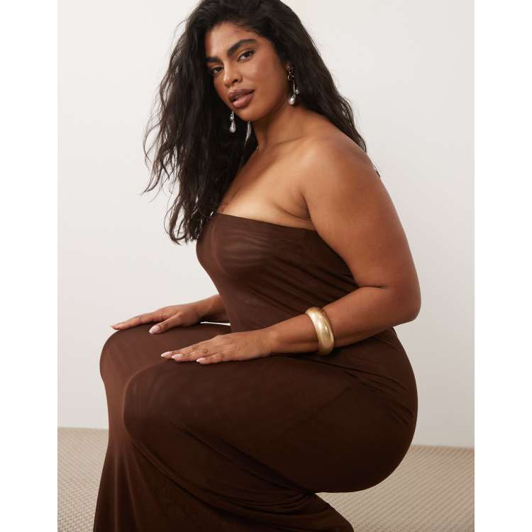 shape chocolate brown bandeau ruched midaxi dress RARE London Women's RARE London Women's Brown Bandeau Ruched Split Maxi Dress 12 main image 0