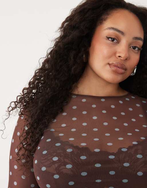 ASOS DESIGN Curve sheer mesh flare long sleeve top in brown polka dot, 2 of 4