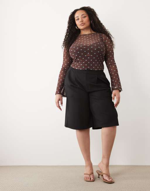 ASOS DESIGN Curve sheer mesh flare long sleeve top in brown polka dot, 3 of 4