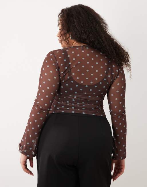 ASOS DESIGN Curve sheer mesh flare long sleeve top in brown polka dot, 4 of 4