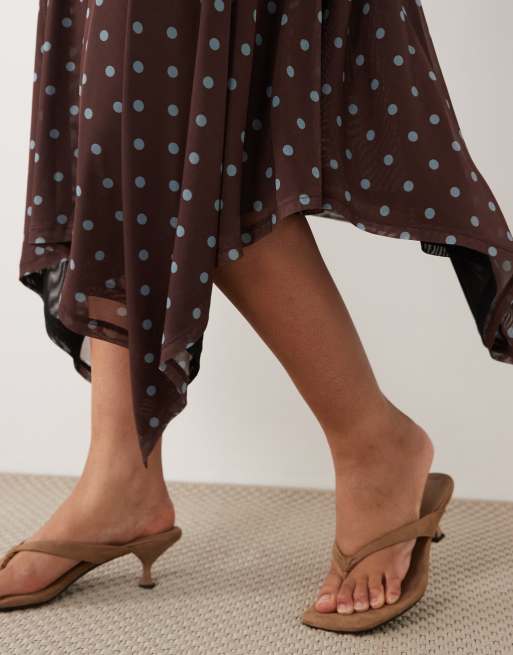 ASOS DESIGN Curve sheer mesh hanky hem skirt in brown polka dot print, 3 of 5