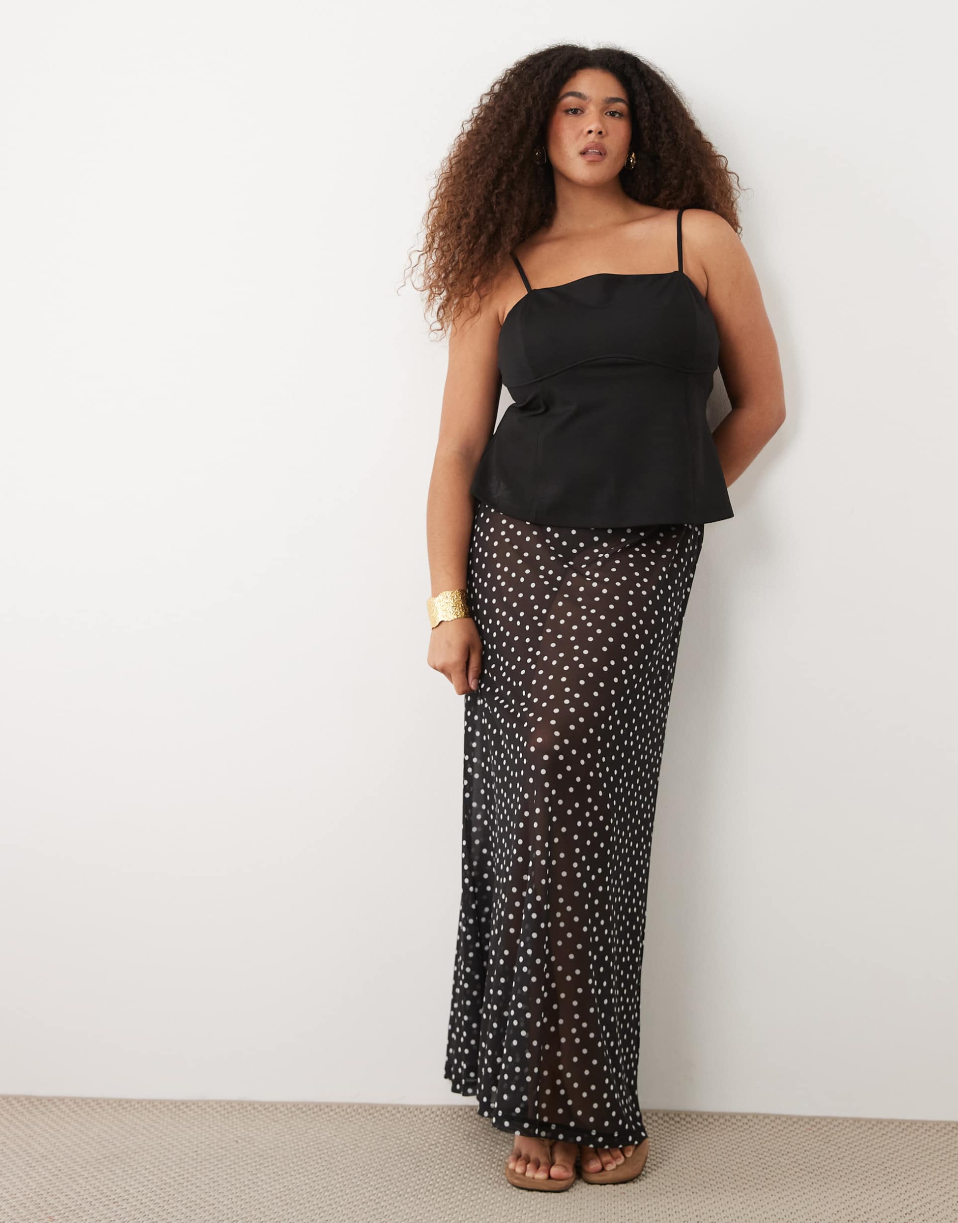 asos design curve sheer mesh maxi skirt in black polka dot print
