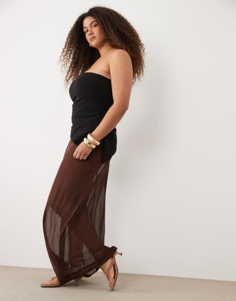 ASOS DESIGN Curve sheer mesh maxi skirt in chocolate