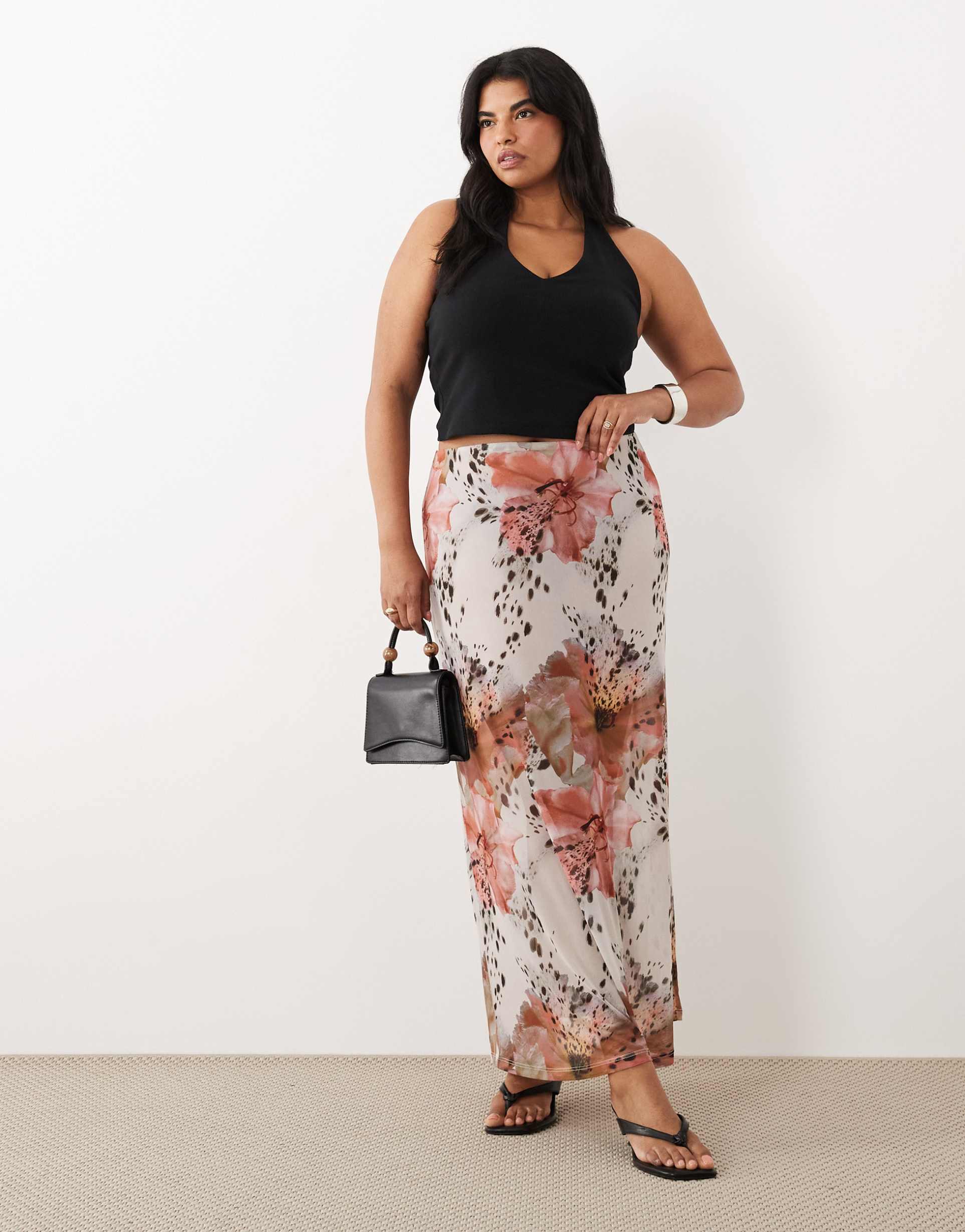 asos design curve sheer mesh maxi skirt in spotted floral