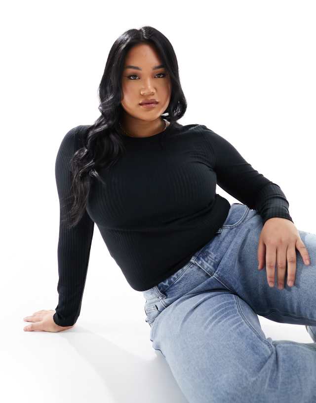 ASOS Curve - ASOS DESIGN Curve sheer rib long sleeve t-shirt in black