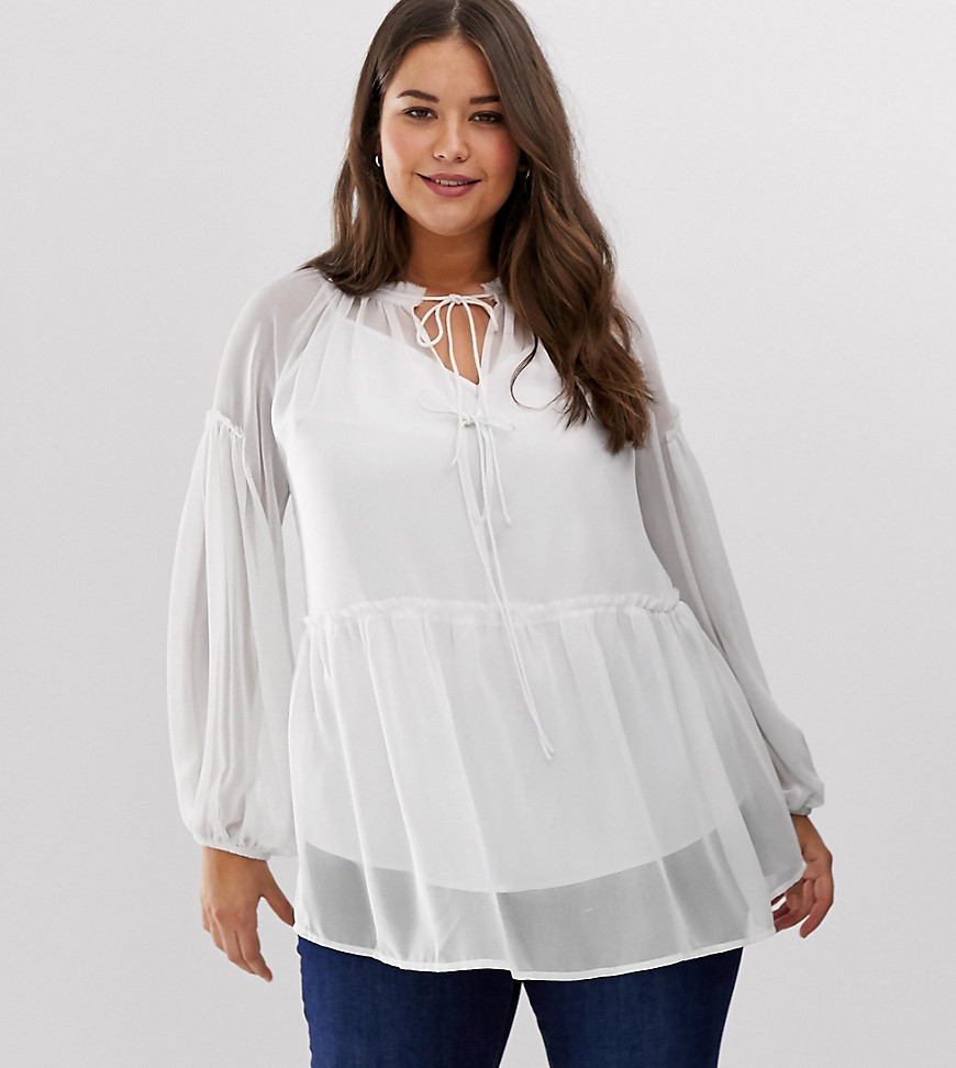ASOS DESIGN Curve sheer smock top with tie front-White