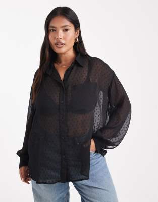 ASOS DESIGN Curve sheer textured detail shirt in black | ASOS