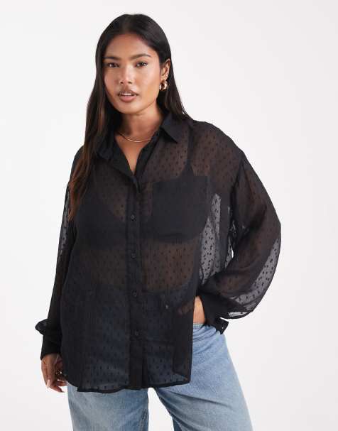 ASOS DESIGN Curve sheer textured detail shirt in black - view 1