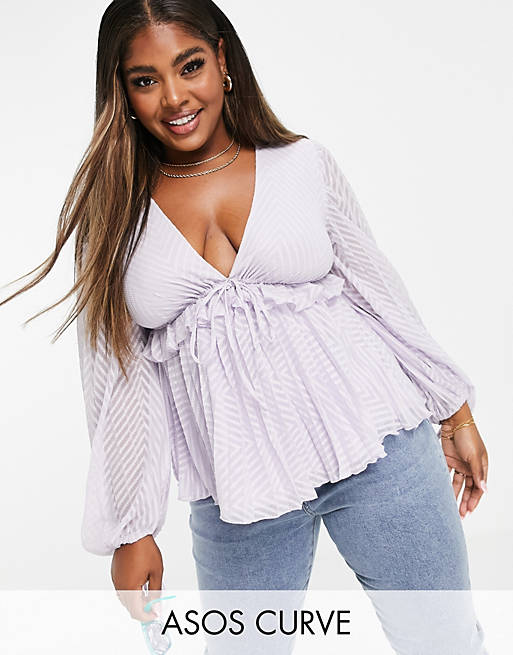 Tops Shirts & Blouses/Curve sheer v neck top with frill and tie waist detail in lilac 