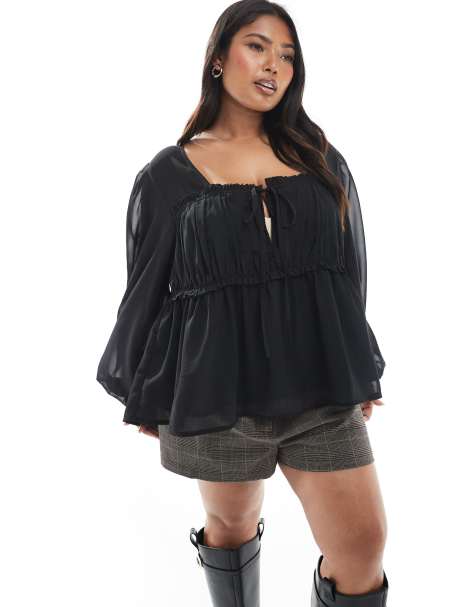 ASOS DESIGN Curve sheer yoke ruched detail blouse in black - view 1
