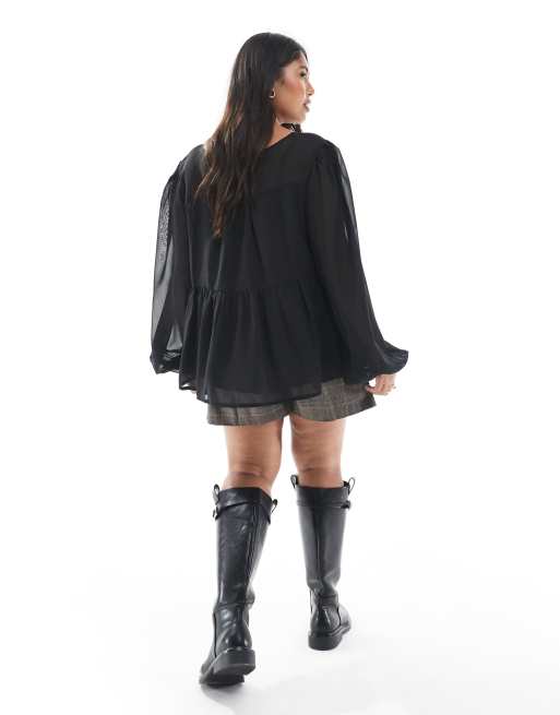 ASOS DESIGN Curve sheer yoke ruched detail blouse in black, 2 of 4